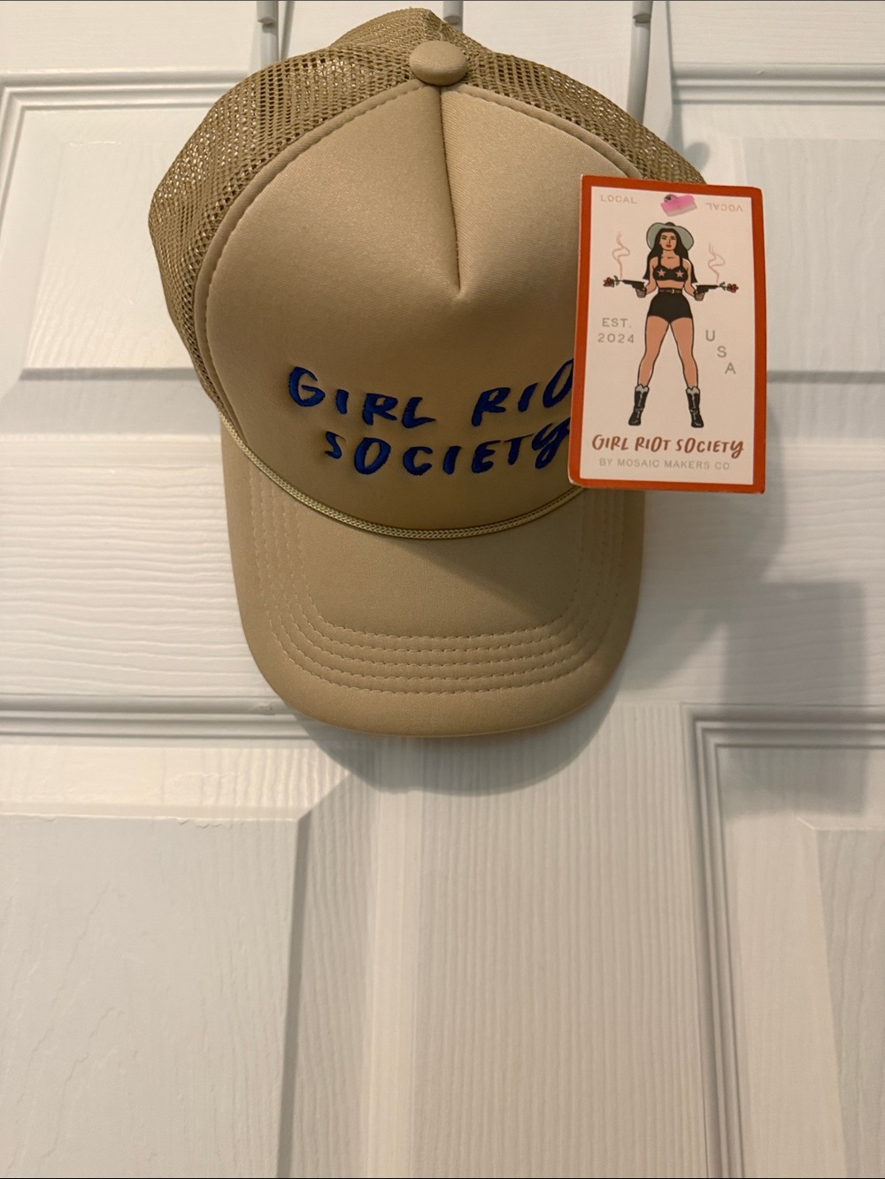 riot society Tan Trucker Hat with Blue Logo Text